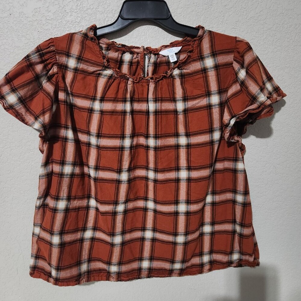 Time And Tru Blouse Womens XXXL Rust Plaid Short Sleeve Ruffle Neck